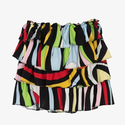 Emilio Pucci Babies' Girls Black Marmo Print Layered Skirt In Multicolore