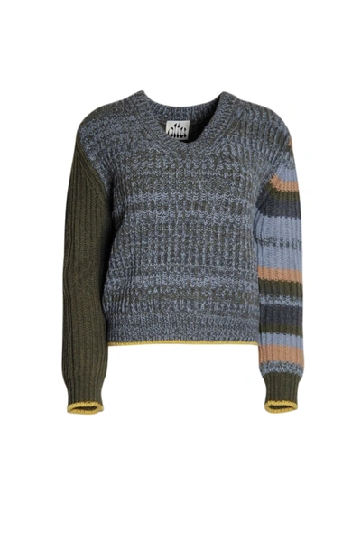 Altu Mixed Stripe V Neck Sweater In Camo Green