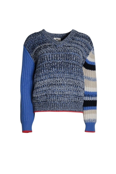Altu Mixed Stripe V Neck Sweater In Blue Crush