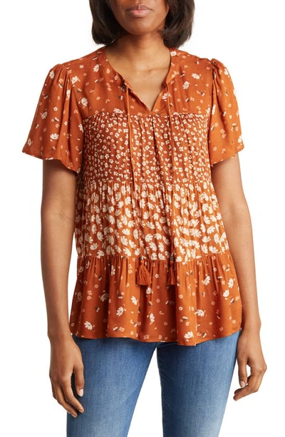 Dr2 By Daniel Rainn Floral Keyhole Tiered Peasant Top In M761 Rust