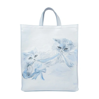 Acne Studios Womens White Grey Cats Graphic-print Woven Tote Bag