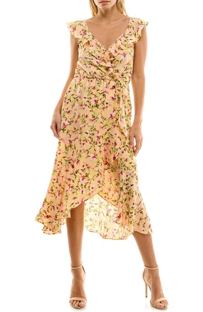 Socialite Ruffle Print Wrap Midi Dress In Yellow Pink Floral