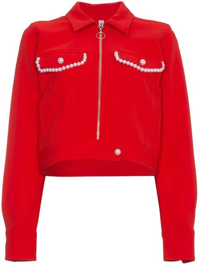 Adam Selman Faux Pearl Embellished Crop Jacket - Red