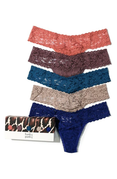 Hanky Panky 5-pack Low-rise Multicolor Lace Thongs In Himalayan Pink/dusk/beguiling