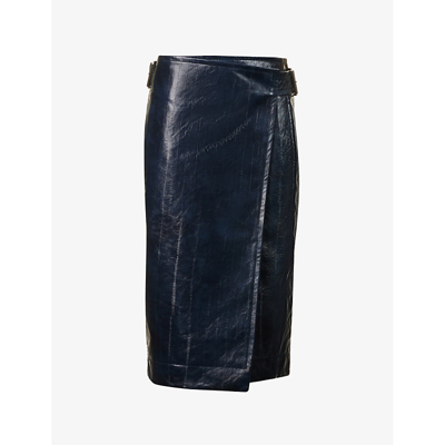Bottega Veneta Womens Mistral Wrap-over Striped Leather Midi Skirt In Blu