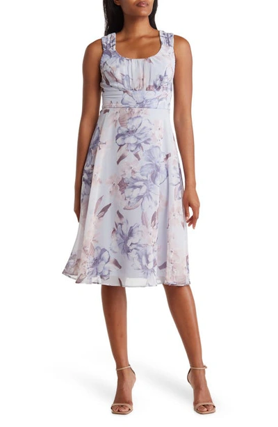 Connected Apparel Floral Chiffon Fit & Flare Dress In Silver