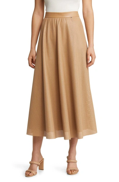 Hugo Boss Vaplitana Perforated Faux Leather Skirt In Iconic Camel