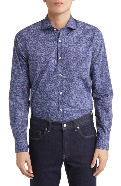 Canali Micro Floral Button-up Sport Shirt In Navy