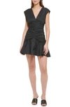 Dkny Ruched Ruffle Linen Minidress In Black