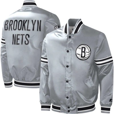 Starter Gray Brooklyn Nets Slider Satin Full-snap Varsity Jacket In Black,gray