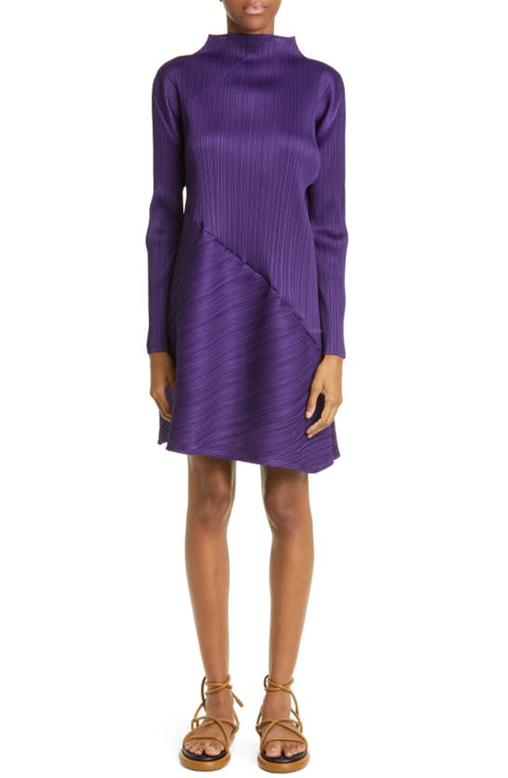 Issey Miyake Calla Pleated Long Sleeve Dress In Purple