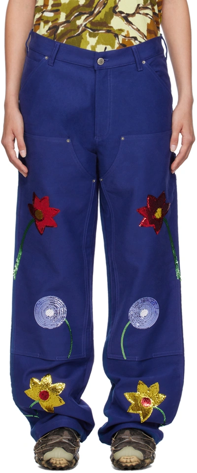 Sky High Farm Workwear Sequin Embroidered Flowers Workwear Jeans In Blue