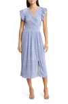 Chelsea28 Flutter Sleeve Plissé Midi Dress In Blue Butterfly Blooms