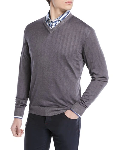 Kiton Cashmere-silk V-neck Sweater In Gray