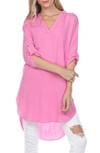 Rain And Rose Notched Neck Tunic Blouse In Fuchsia