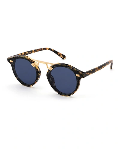 Krewe Stl Ii Round Sunglasses W/ Nylon Overlay Lenses, Brown In Zulu/blue