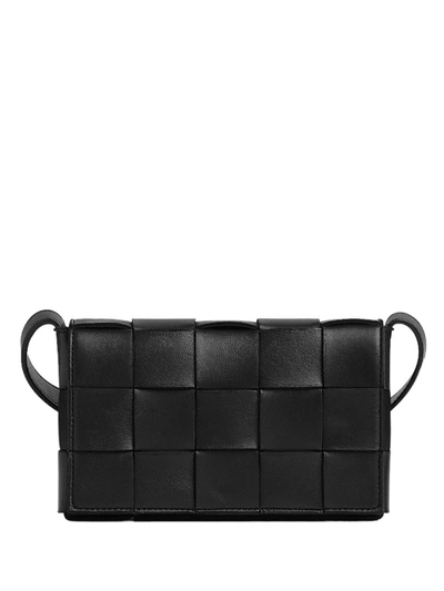 Bottega Veneta Black Cassette Small Woven Shoulder Bag In Nero