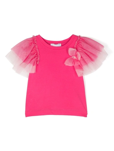 Monnalisa Kids' Tulle-sleeve Cotton T-shirt In Pink