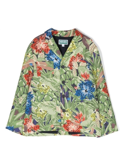 Kenzo Kids' Floral-print Single-breasted Blazer In Green