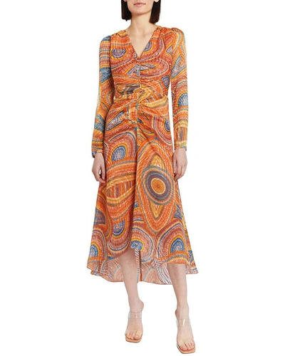 Santorelli Jenny Ruched Abstract-print Midi Dress In Tangerine Multi