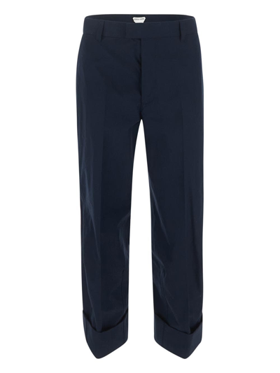 Bottega Veneta Compact Cotton Canvas Straight-legs Trousers In Blue