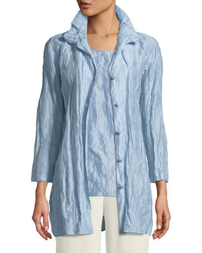 Caroline Rose Plus Size Ruched-collar Crinkled Jacket In Light Blue