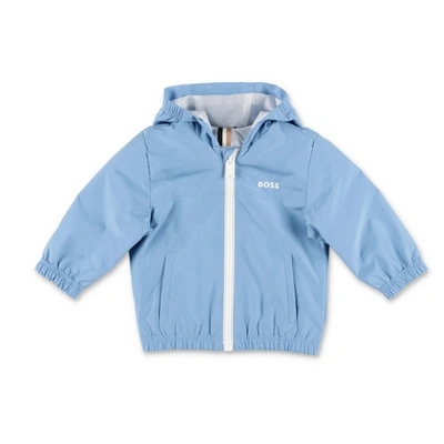 Hugo Boss Light Blue Nylon Baby Boy  Jacket With Hood In Celeste