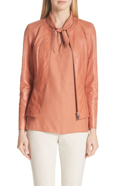 Lafayette 148 Courtney Glazed Lambskin Leather Jacket In Adobe