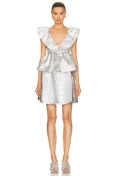 Ganni Sleeveless Metallic Jacquard Layer Dress In Silver