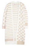 Topshop Checkerboard & Stripe Long Cardigan In Cream
