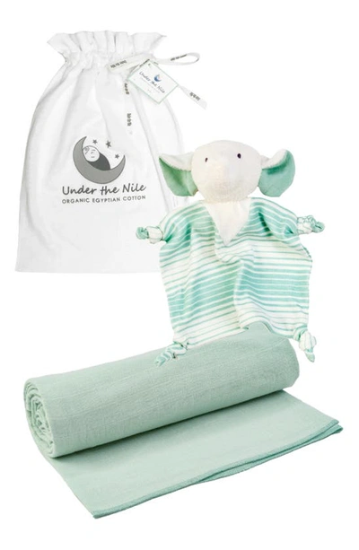 Under The Nile Organic Cotton Stripe Swaddle Blanket & Elephant Toy Set In Sea Breeze