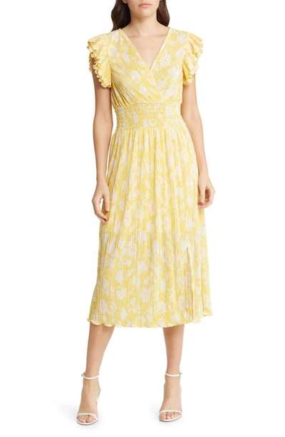 Chelsea28 Flutter Sleeve Plissé Midi Dress In Yellow Citron Jenna Blooms