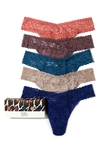 Hanky Panky Assorted 5-pack Lace Original Rise Thongs In Himalayan Pink/dusk/beguiling