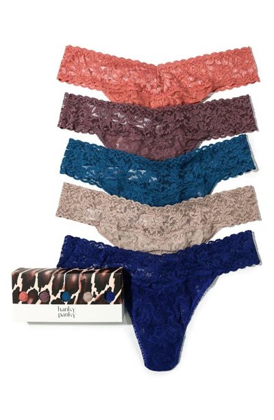 Hanky Panky Assorted 5-pack Lace Original Rise Thongs In Himalayan Pink/dusk/beguiling