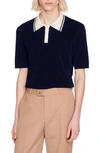 Sandro Stripe Collar Polo Sweater In Navy Blue