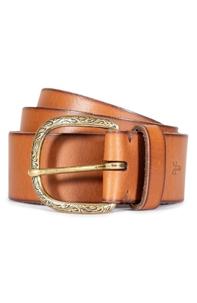 Frye Burnished Leather Belt With Engraved Buckle In Honey