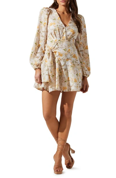 Astr Floral Print Side Tie Long Sleeve Minidress In Yellow Multi Floral