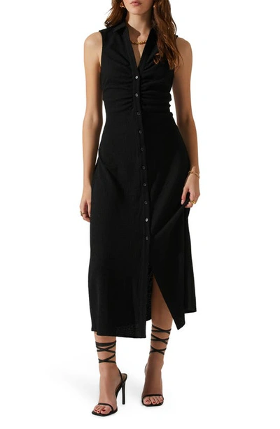 Astr Ruched Back Cutout Midi Shirtdress In Black