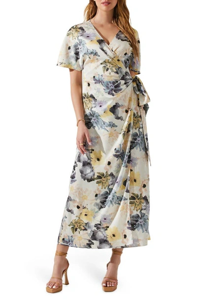Astr Floral Short Sleeve Wrap Dress In Charcoal Taupe Floral