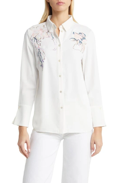 Misook Crepe De Chine Button-front Blouse With Floral Embroidery In White/rose/macchiato
