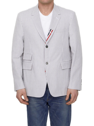 Thom Browne Cotton Seersucker Jacket In White,grey