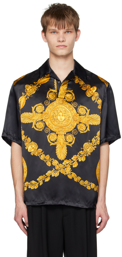 Versace Informal Shirt Viscose Satin Fabric With Heritage Print In Black,gold