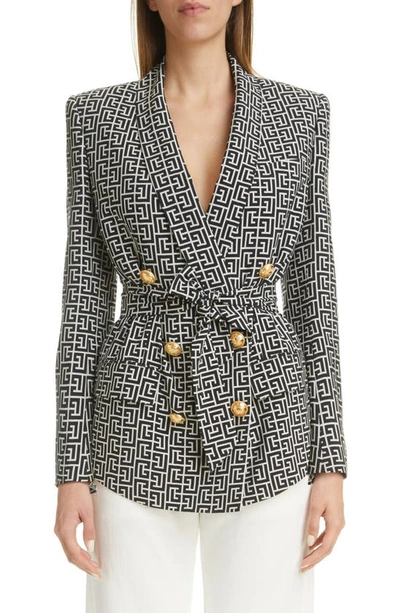 Balmain Monogram Printed Jacket With Shawl Collar In White/black