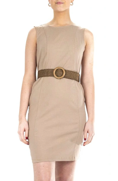 Nina Leonard Belted Sheath Dress In Tan