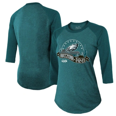 Majestic Threads Midnight Green Philadelphia Eagles Super Bowl Lvii Desert Tri-blend Raglan 3/4 Slee