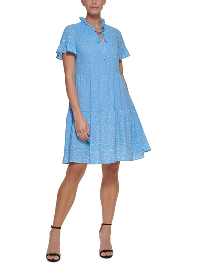 Dkny Zelda Womens Polka Dot Ruffled Fit & Flare Dress In Blue | ModeSens