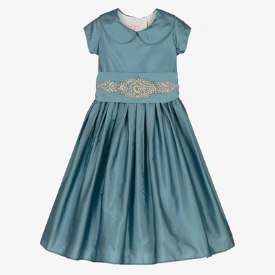 Nicki Macfarlane Kids' Girls Blue Silk Taffeta Belted Dress