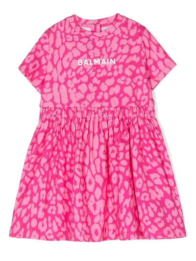 Balmain Babies' Leopard-print Ruched Dress In Pink