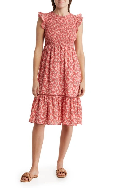 Melrose And Market Smocked Flutter Sleeve Midi Dress In Dusty Pink Mini Floral