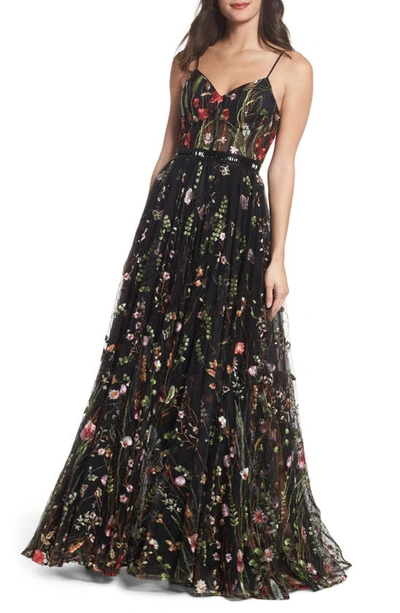 Mac Duggal Embroidered Mesh Bustier Gown In Black Floral